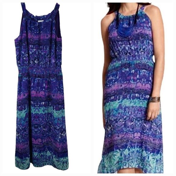 Chico's Blue Watercolor Sleeveless Halter Chiffon Dress Colorful Knee Length - Picture 2 of 11